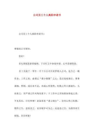 公司员工个人离职申请书