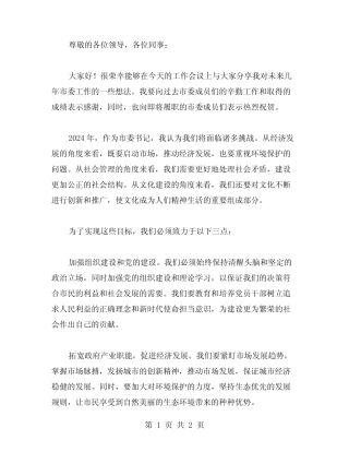 2024市委书记在工作会议上的讲话范文