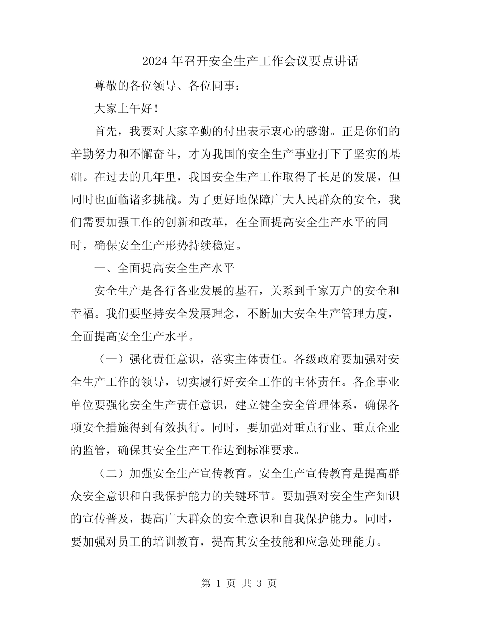 2024年召开安全生产工作会议要点讲话 _第1页
