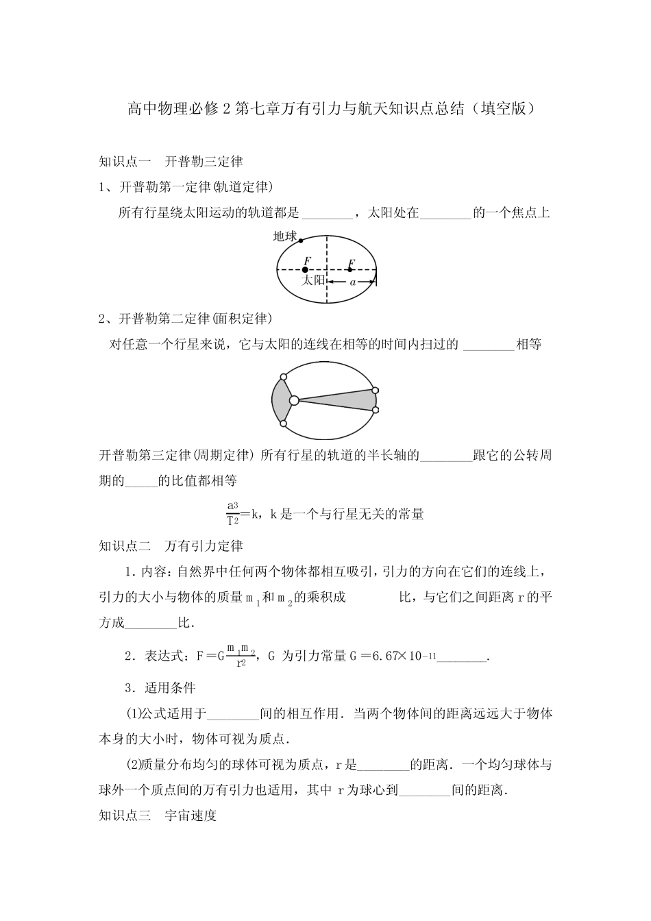 高一物理必修2第七章万有引力与航天知识点总结 _第1页