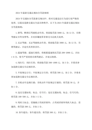 2024年最新交通法规扣分罚款细则and2024年交通扣分罚款新交规出炉优质