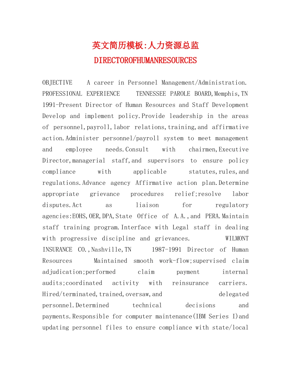 英文简历模板-人力资源总监DIRECTOROFHUMANRESOURCES _第1页