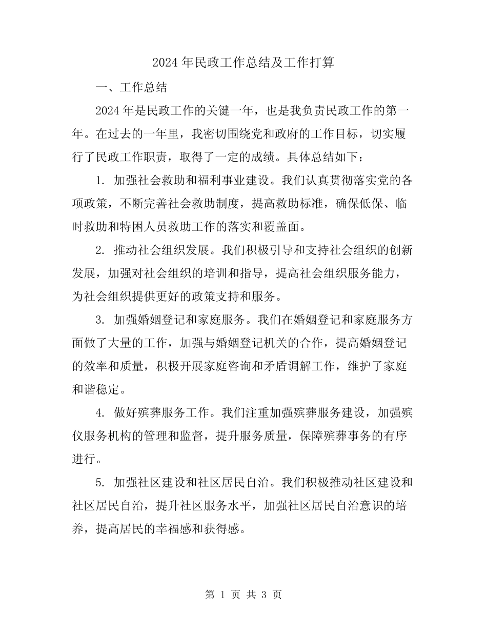 2024年民政工作总结及工作打算_第1页