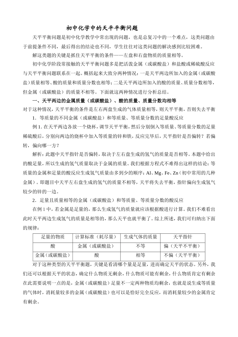 初中化学中的天平平衡问题_第1页