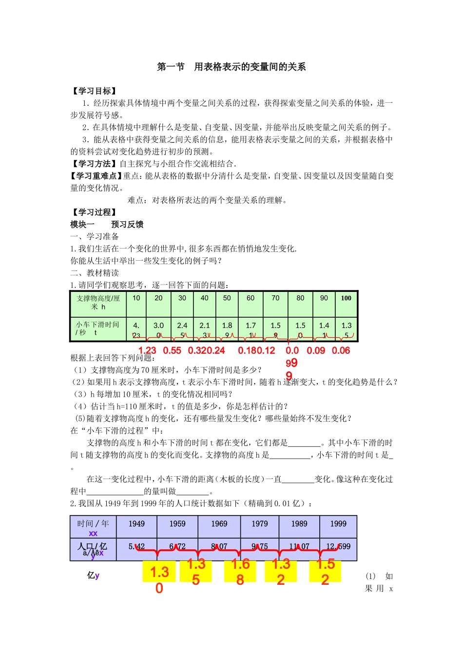 第一节用表格表示的变量间的关系导学案_第1页