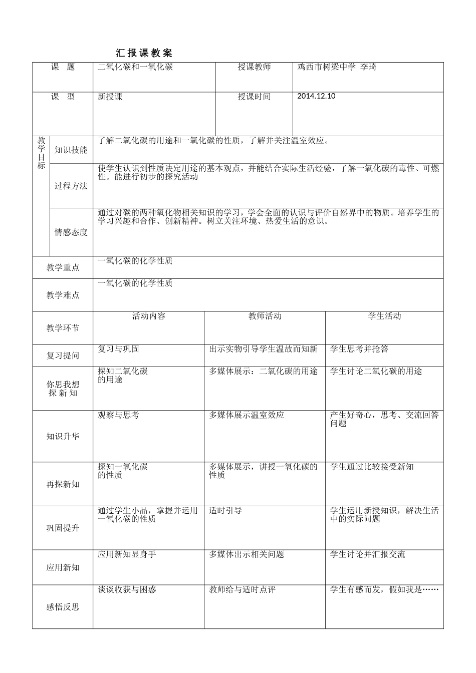 二氧化碳与一氧化碳汇报课教案_第1页