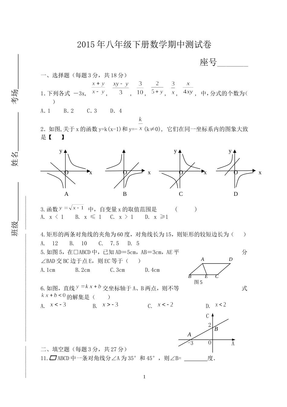 2015年八年级下册数学期中测试卷_第1页