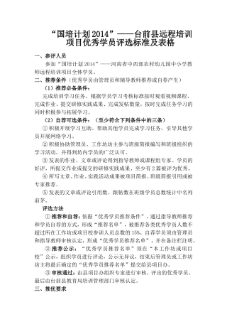 国培计划2014”——台前县远程培训项目优秀学员评选标准及表格