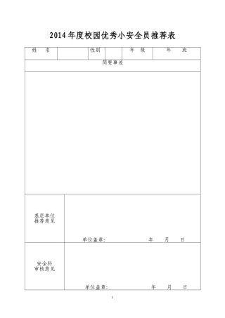 2014年度校园优秀小安全员推荐表