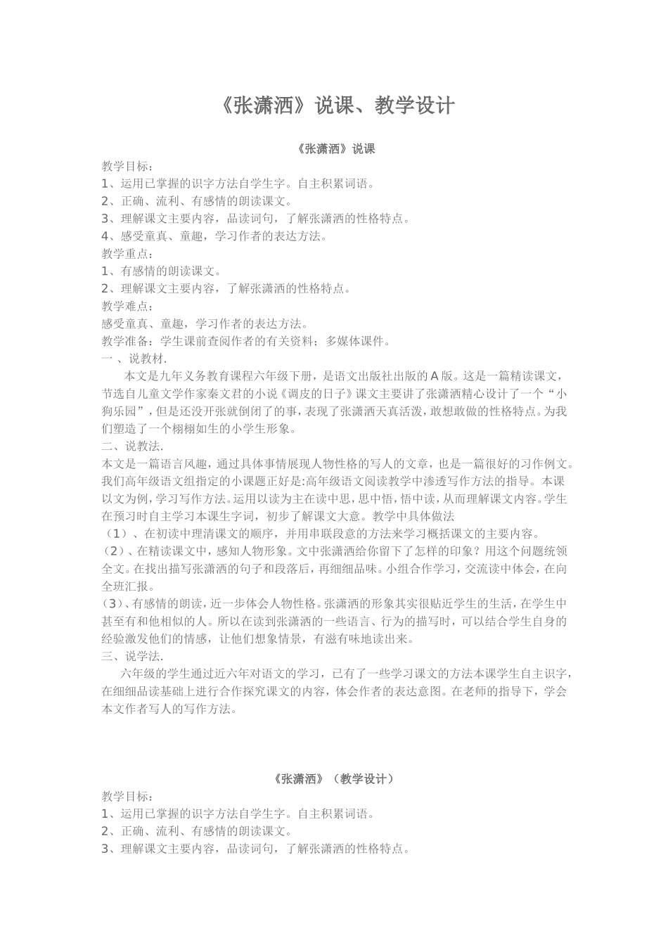 《张潇洒》说课、教学设计_第1页