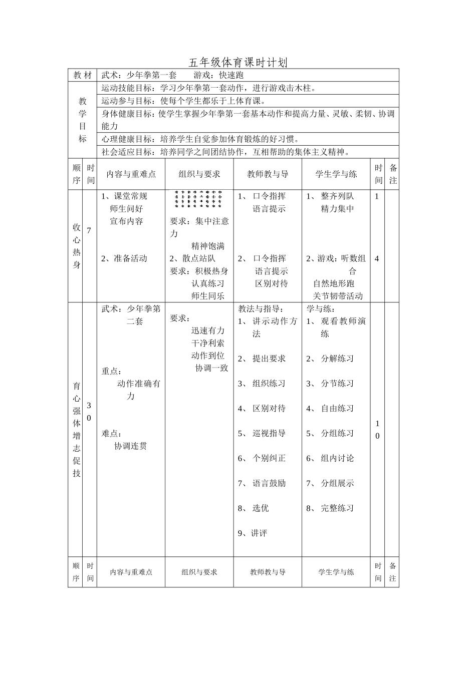 五年级体育课时计划_第1页