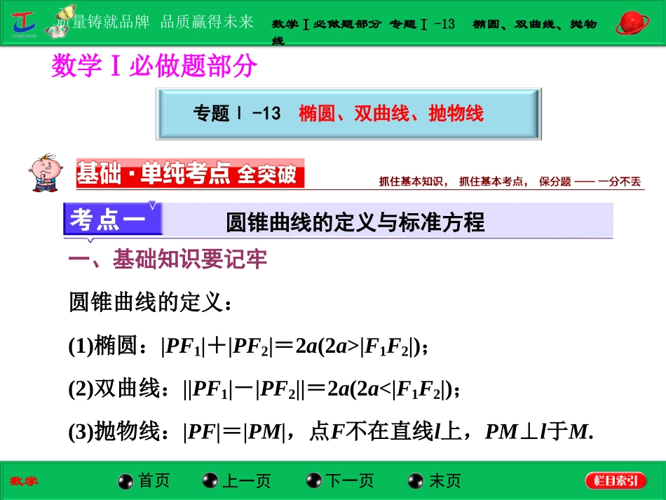 第一部分数学Ⅰ必做题部分专题Ⅰ-13椭圆、双曲线、抛物线_第1页