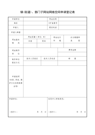 镇（街道）、部门子网站网络空间申请登记表(1)