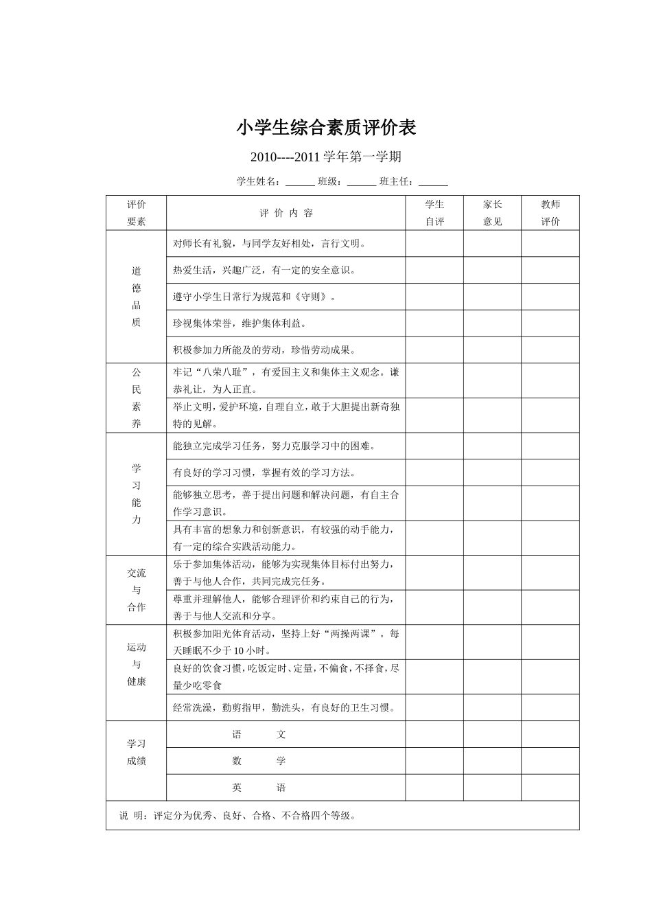 小学生综合素质评价表1_第1页