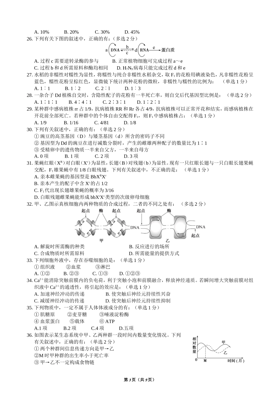 2014年全国生物学联赛吉林赛区预赛试题_第3页