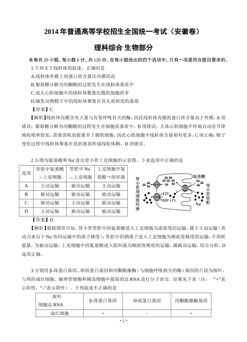 2014年安徽高考理综生物试卷（WORD版）_第1页