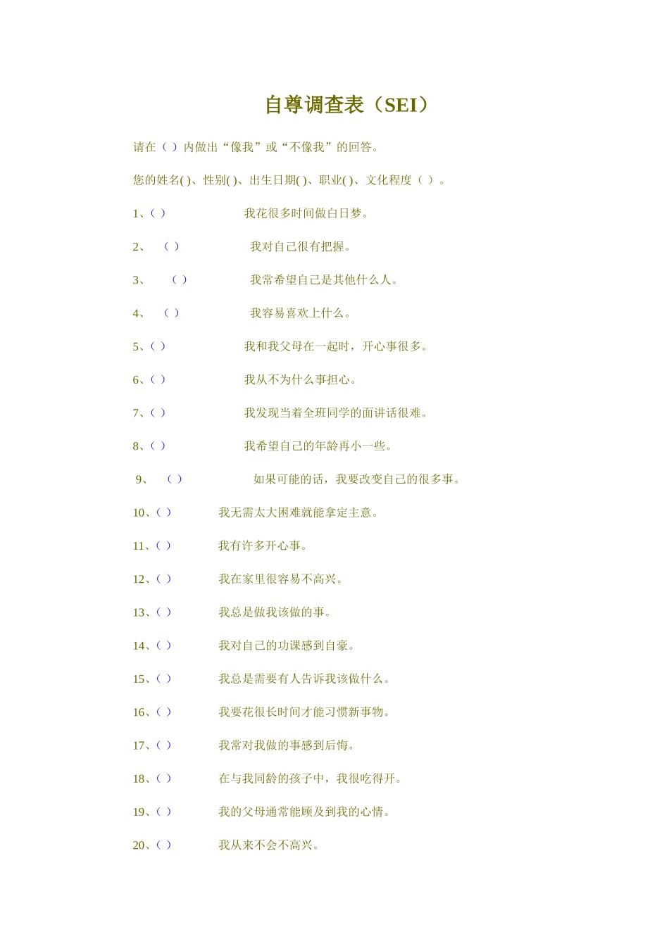 自尊调查表（SEI）_第1页