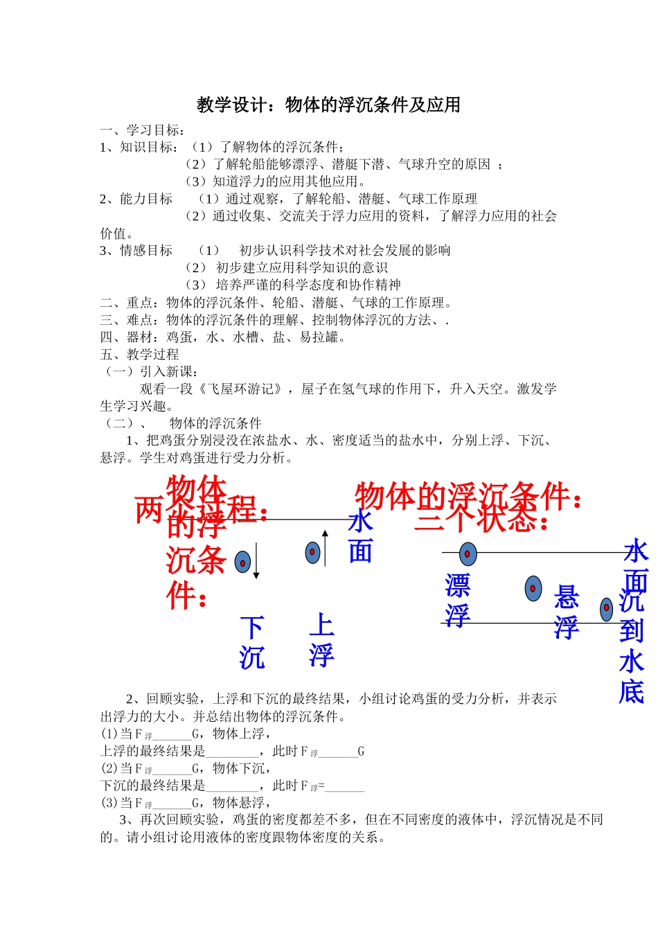教学设计《浮沉条件及应用》_第1页