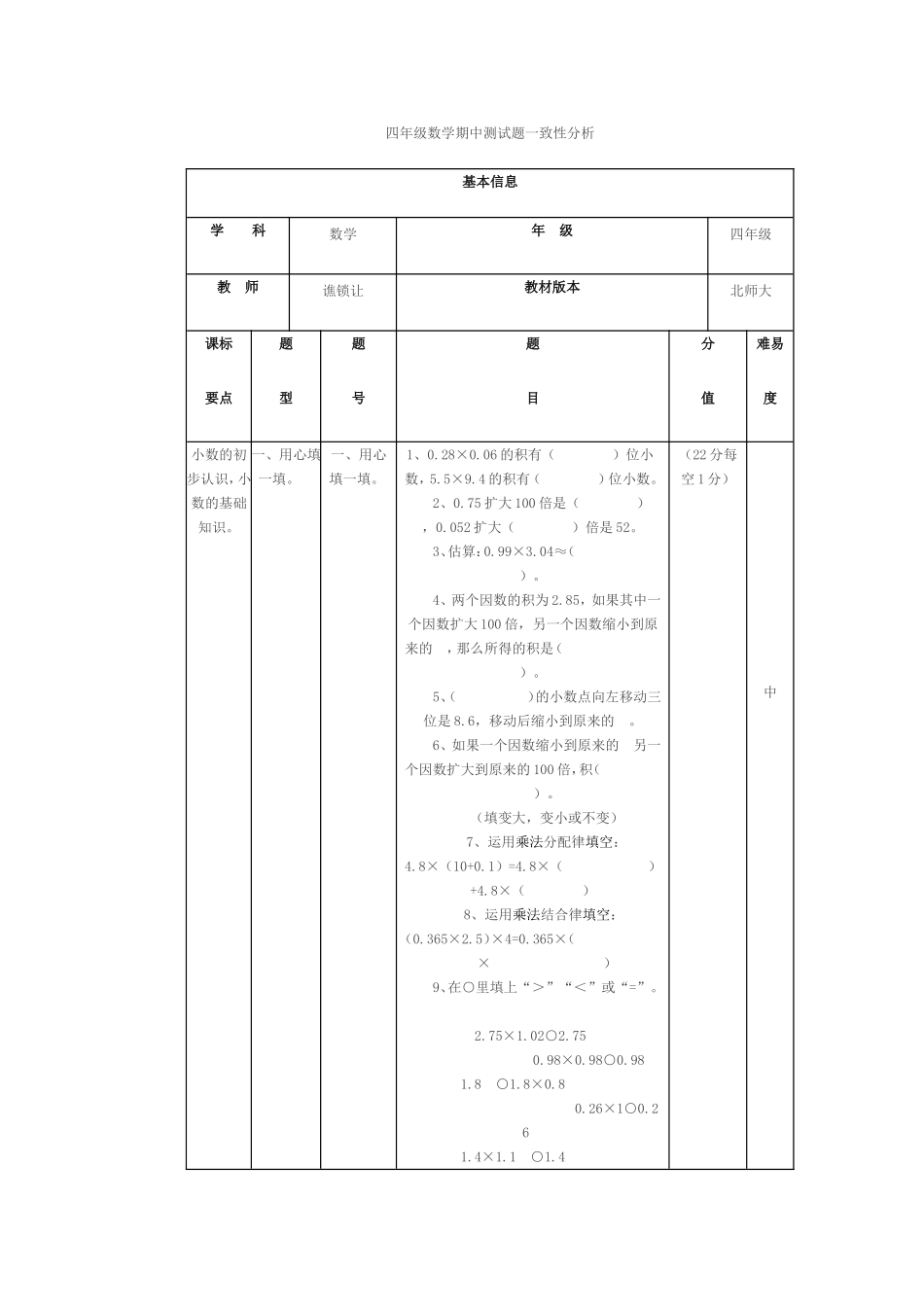 四年级数学期中测试题一致性分析_第1页