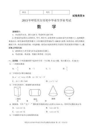 2013年呼伦贝尔市初中毕业生数学B卷