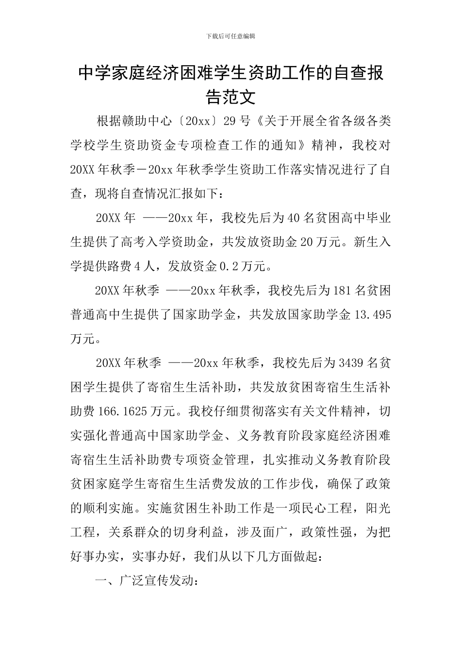 中学家庭经济困难学生资助工作的自查报告范文_第1页