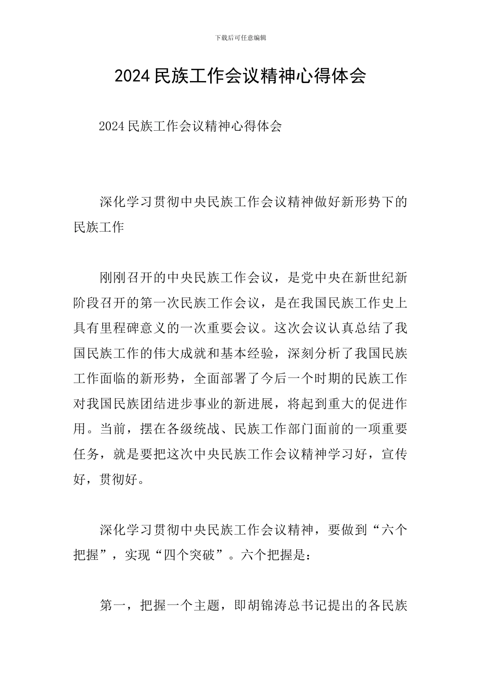 2024民族工作会议精神心得体会_第1页