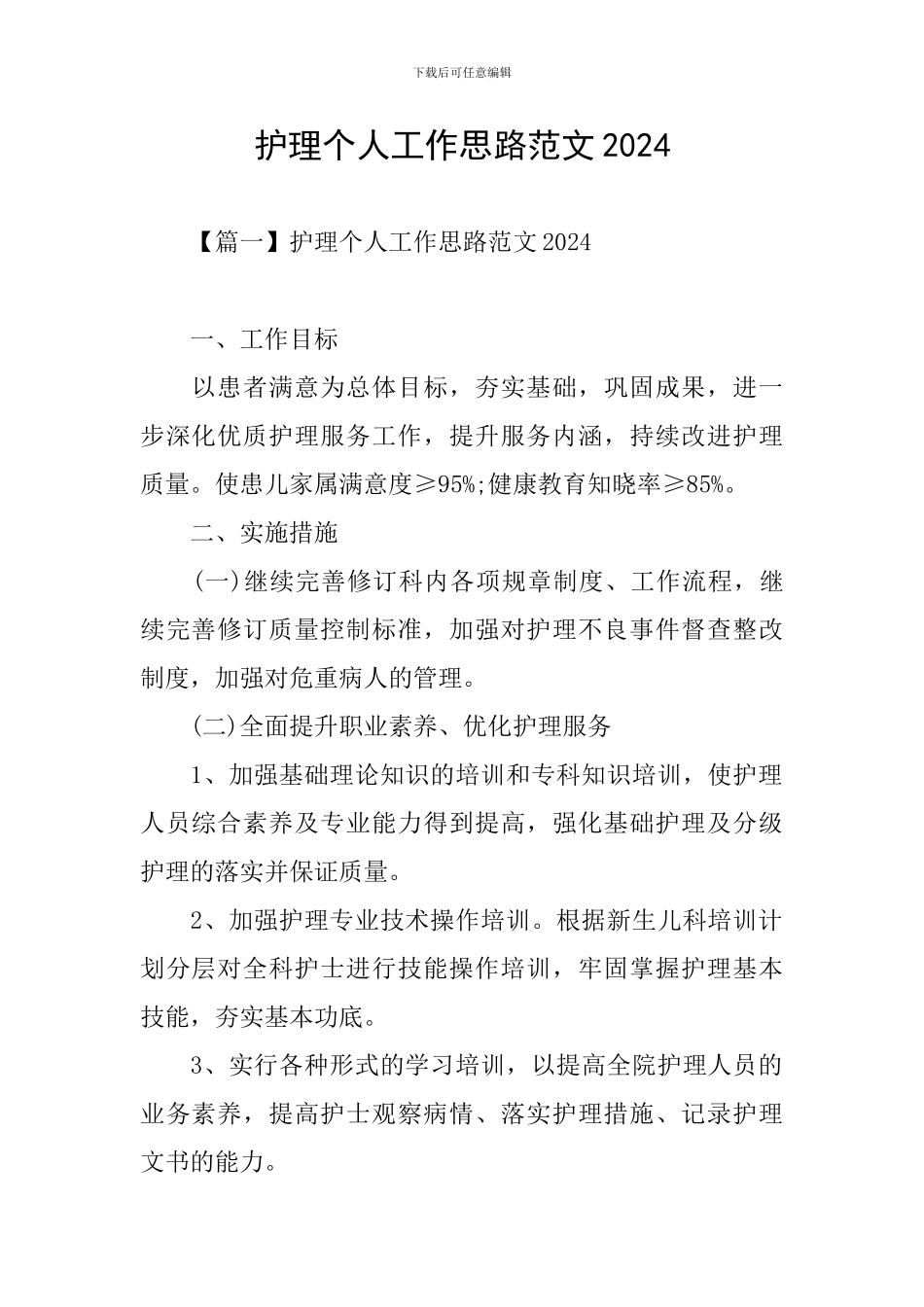 护理个人工作思路范文2024_第1页