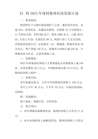 XX村2023年度村集体经济发展计划