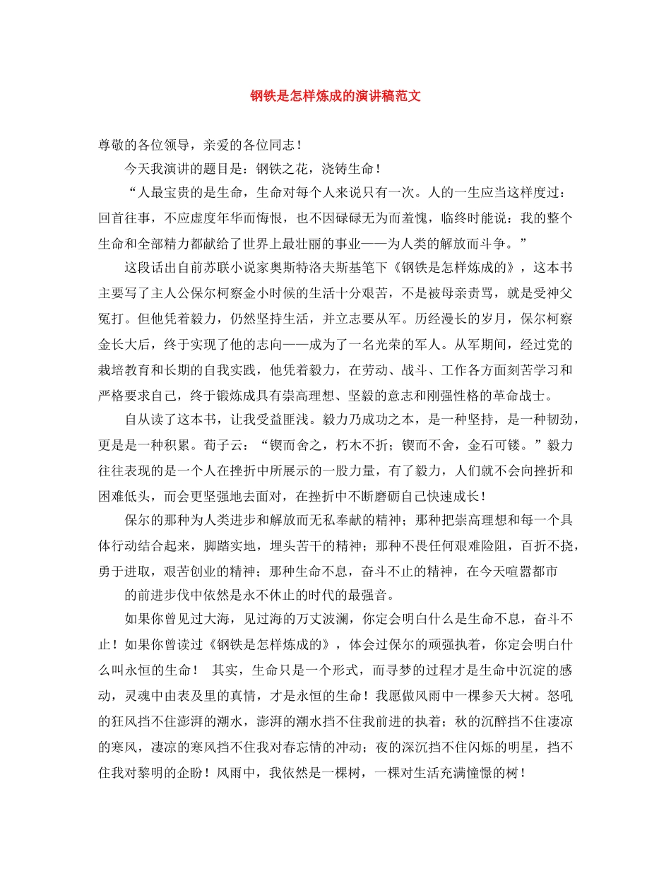 钢铁是怎样炼成的演讲稿范文 _第1页