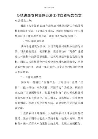 乡镇发展农村集体经济工作自查报告范文