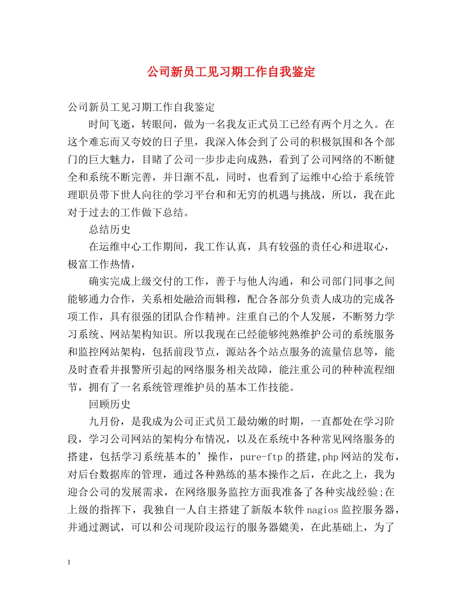 公司新员工见习期工作自我鉴定 _第1页