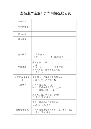 药品生产企业厂外车间情况登记表