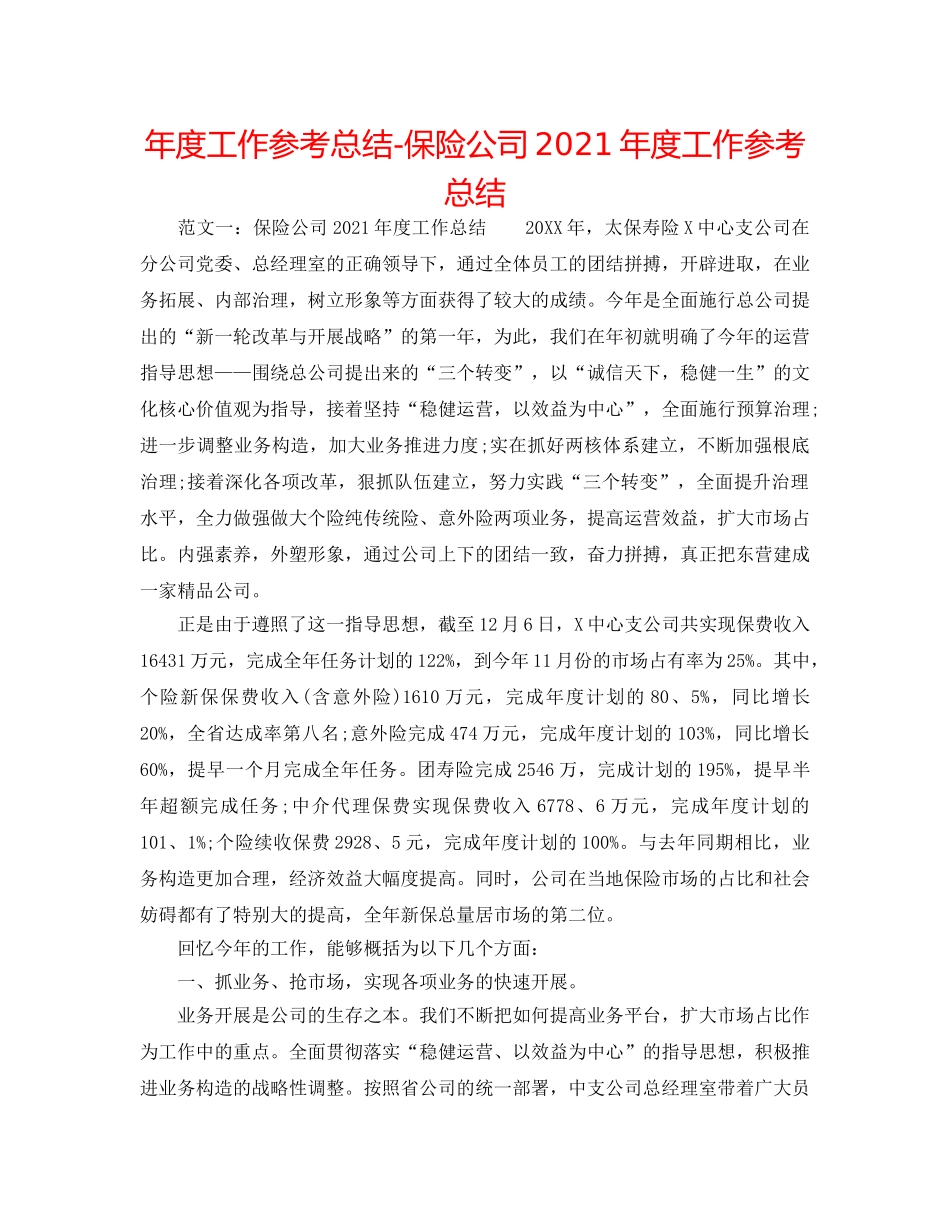 年度工作参考总结-保险公司2024年度工作参考总结 _第1页