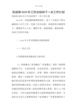 民政局2024年工作总结和下一步工作计划