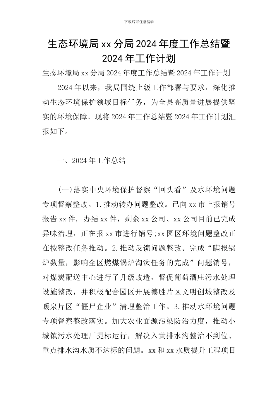 生态环境局xx分局2024年度工作总结暨2024年工作计划_第1页