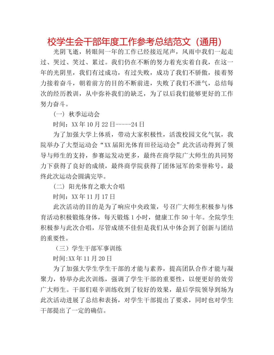 校学生会干部年度工作参考总结范文（通用） _第1页