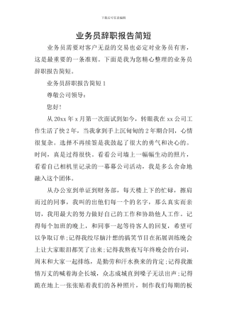 业务员辞职报告简短