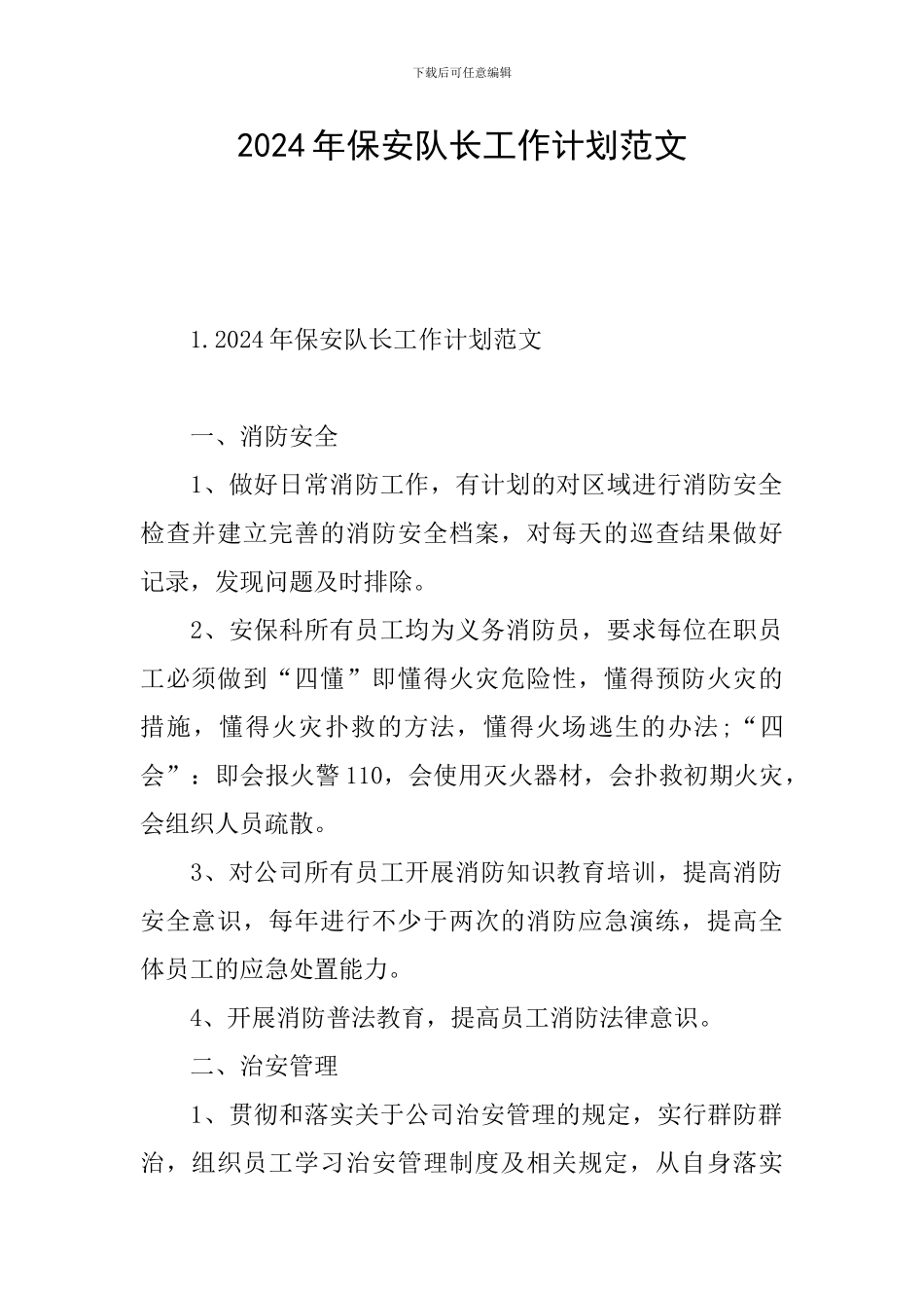 2024年保安队长工作计划范文_第1页