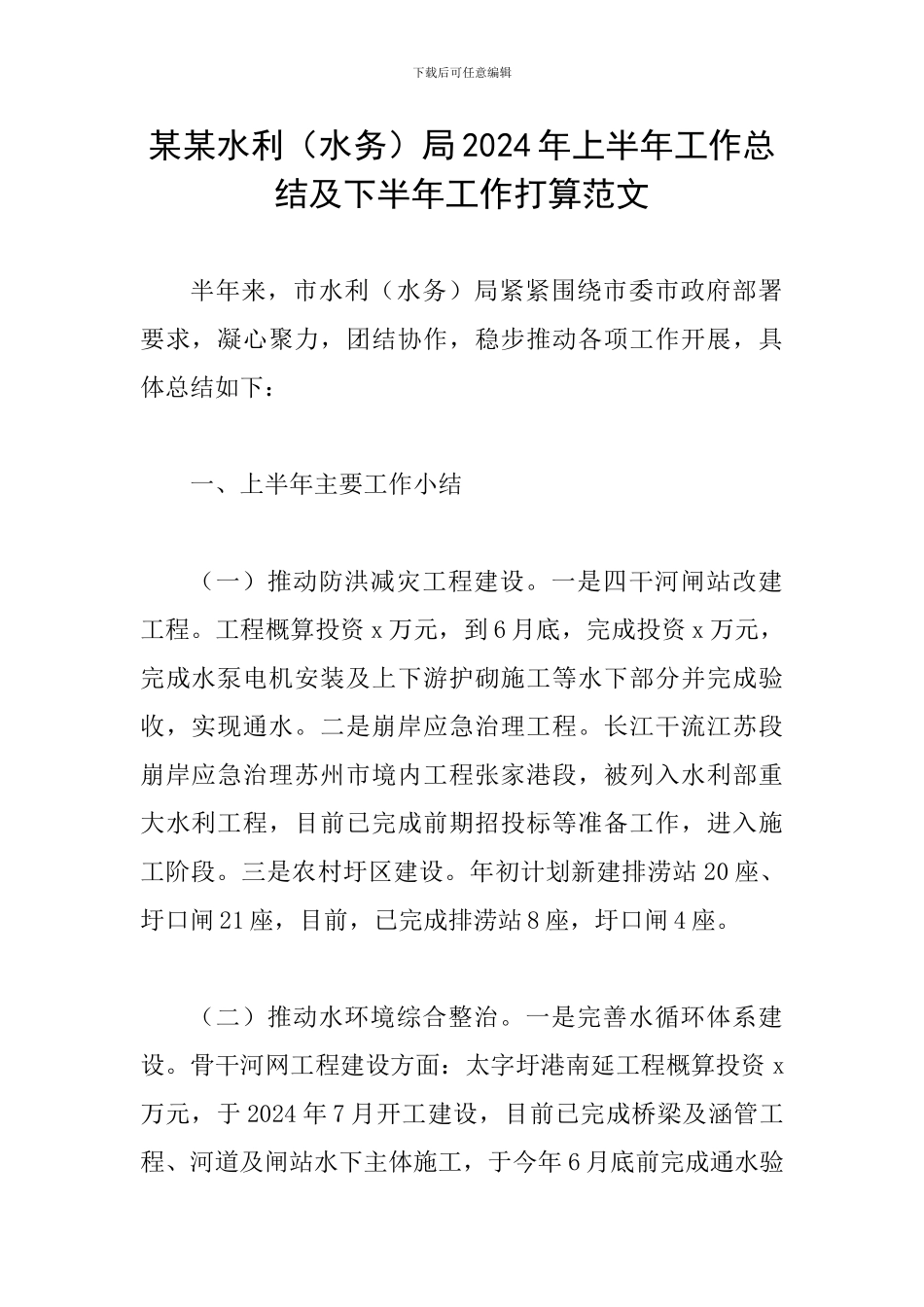 某某水利局2024年上半年工作总结及下半年工作打算范文_第1页