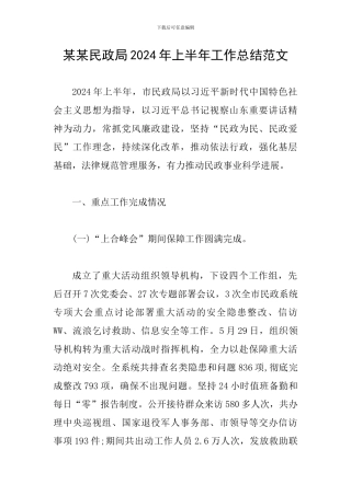 某某民政局2024年上半年工作总结范文