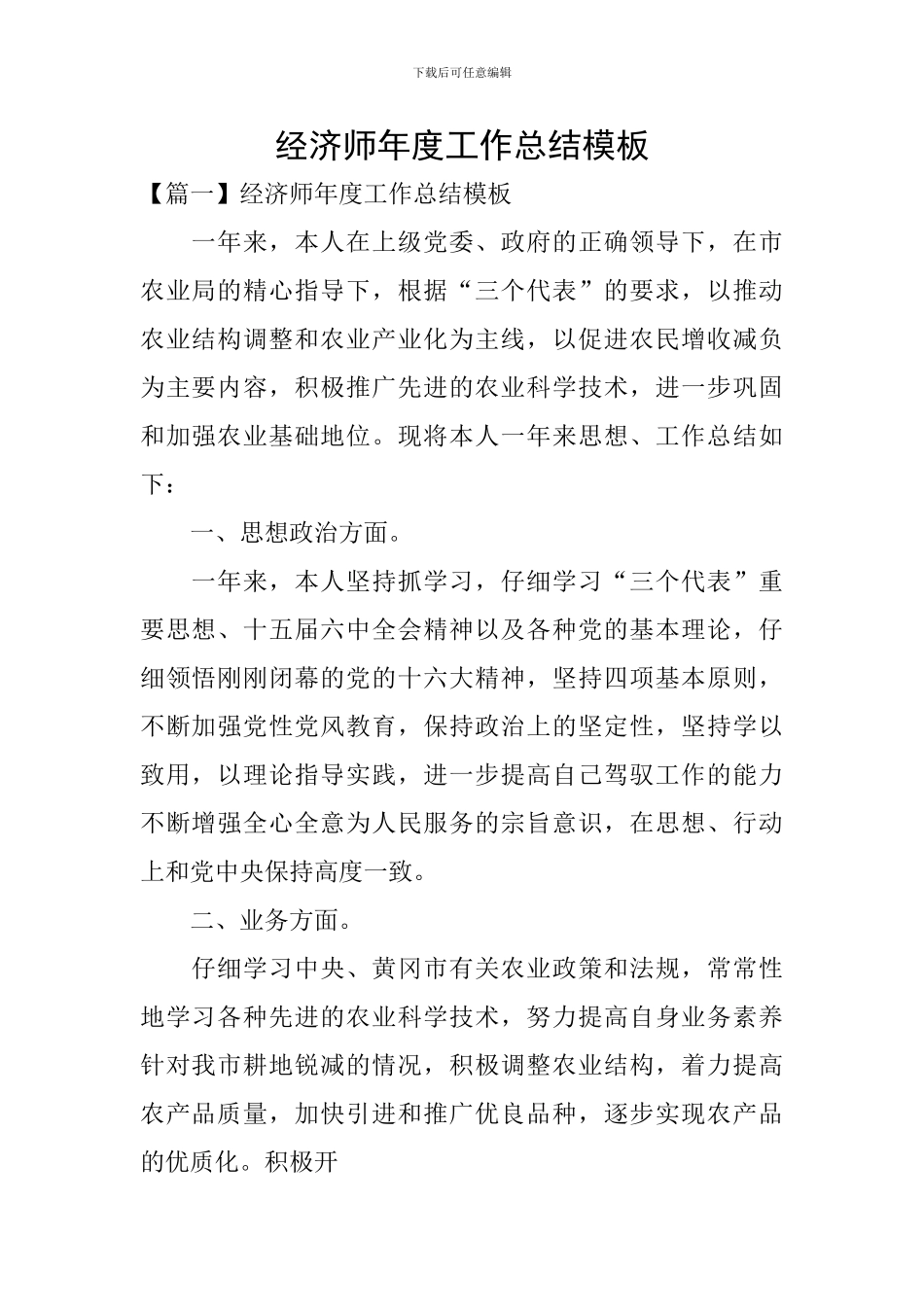 经济师年度工作总结模板_第1页