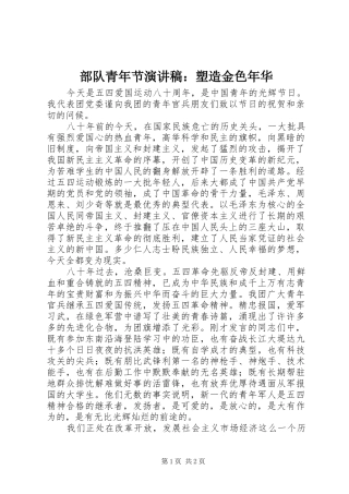 部队青年节演讲：塑造金色年华