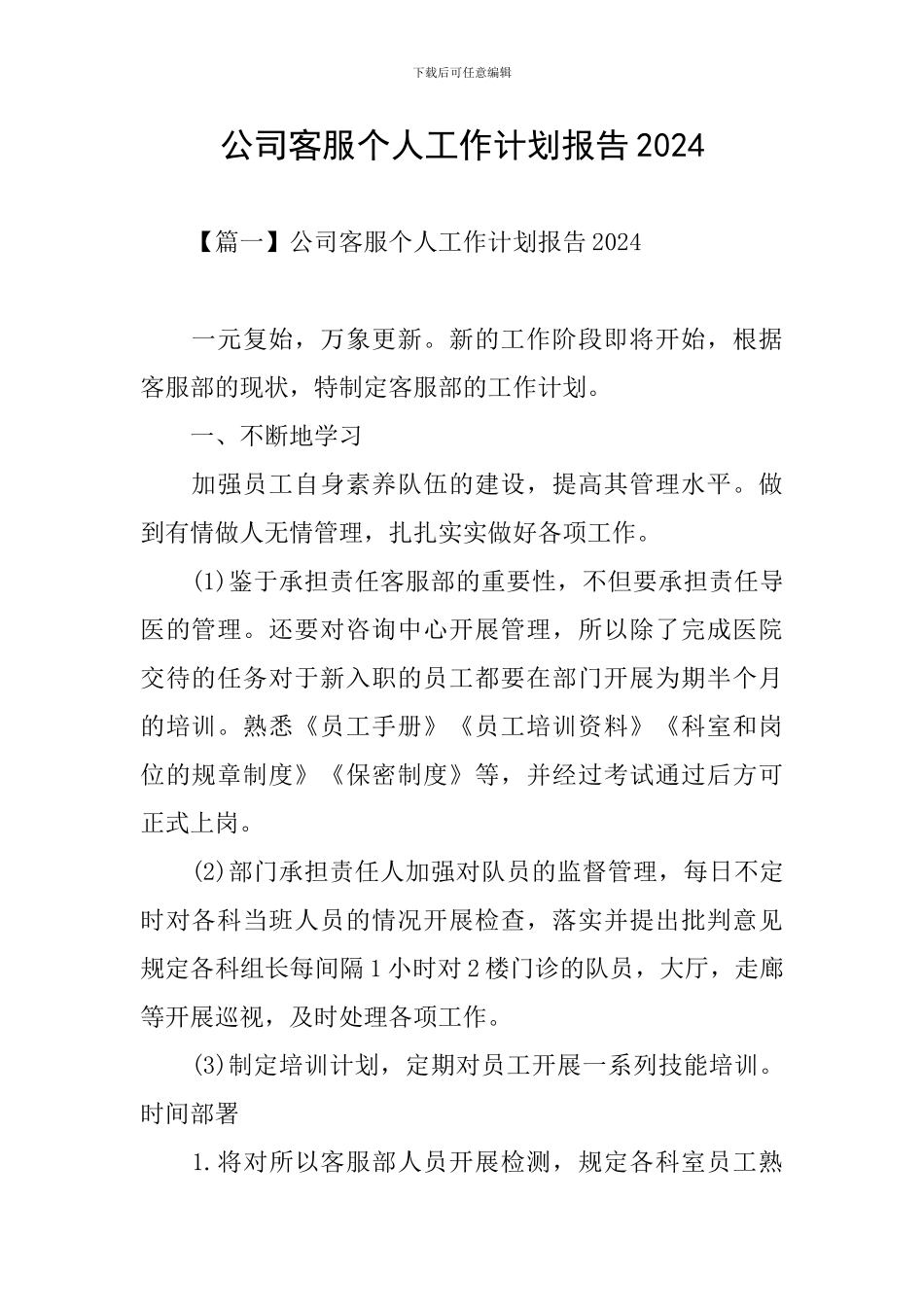 公司客服个人工作计划报告2024_第1页