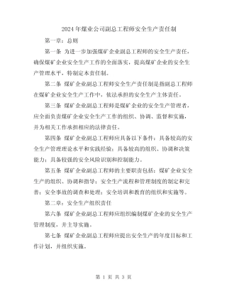 2024年煤业公司副总工程师安全生产责任制