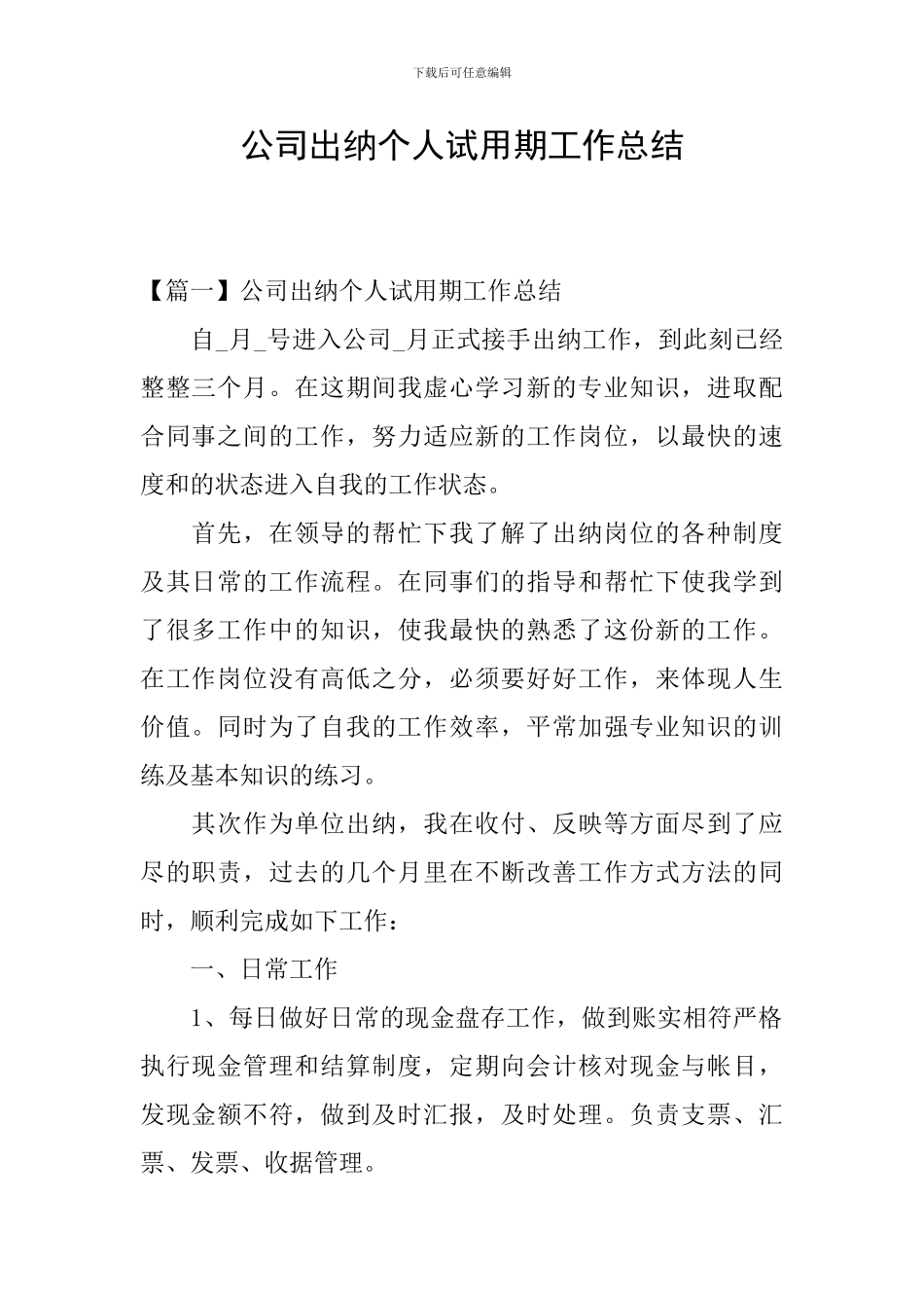 公司出纳个人试用期工作总结_第1页