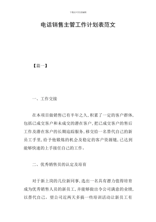 电话销售主管工作计划表范文