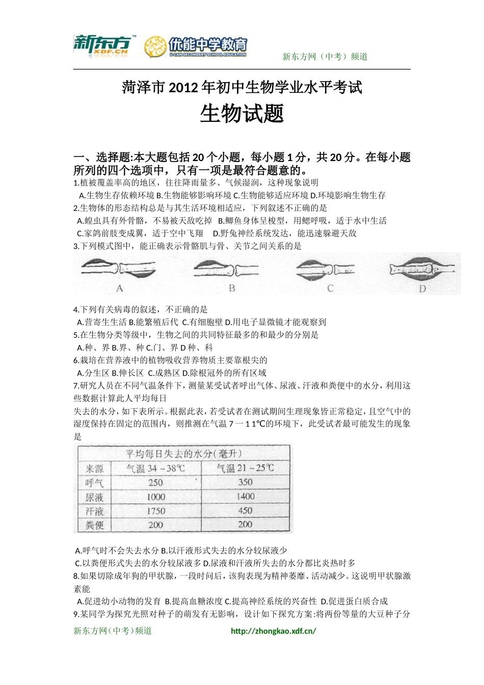 菏泽市2012年初中生物学业水平考试_第1页