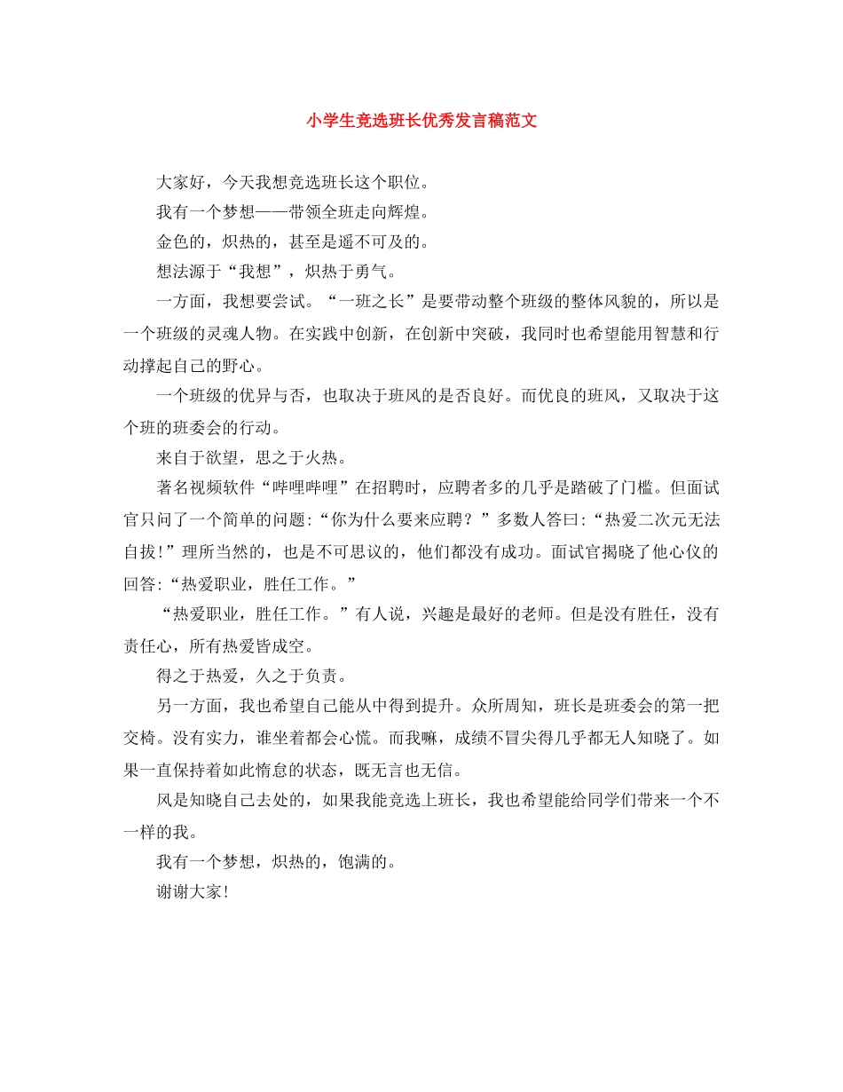 小学生竞选班长优秀发言稿范文 _第1页