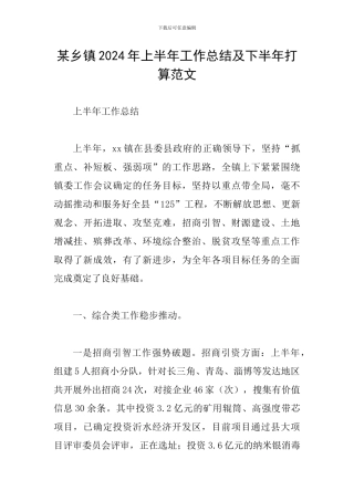某乡镇2024年上半年工作总结及下半年打算范文