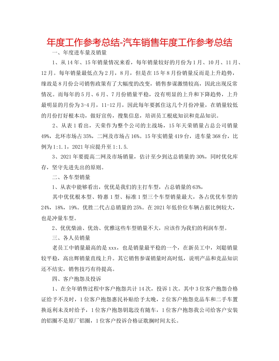 年度工作参考总结-汽车销售年度工作参考总结 _第1页
